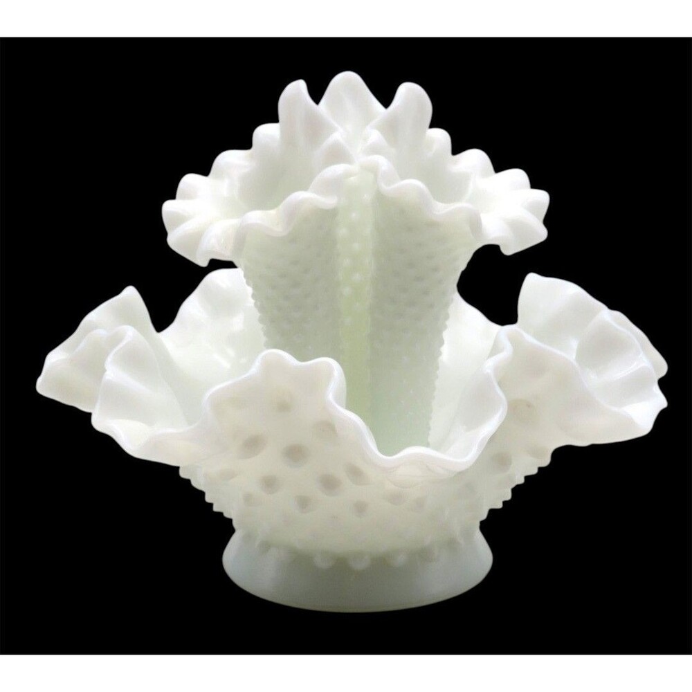 Vintage Fenton White Hobnail Milk Glass 3 Horn Epergne Centerpiece Bowl Complete